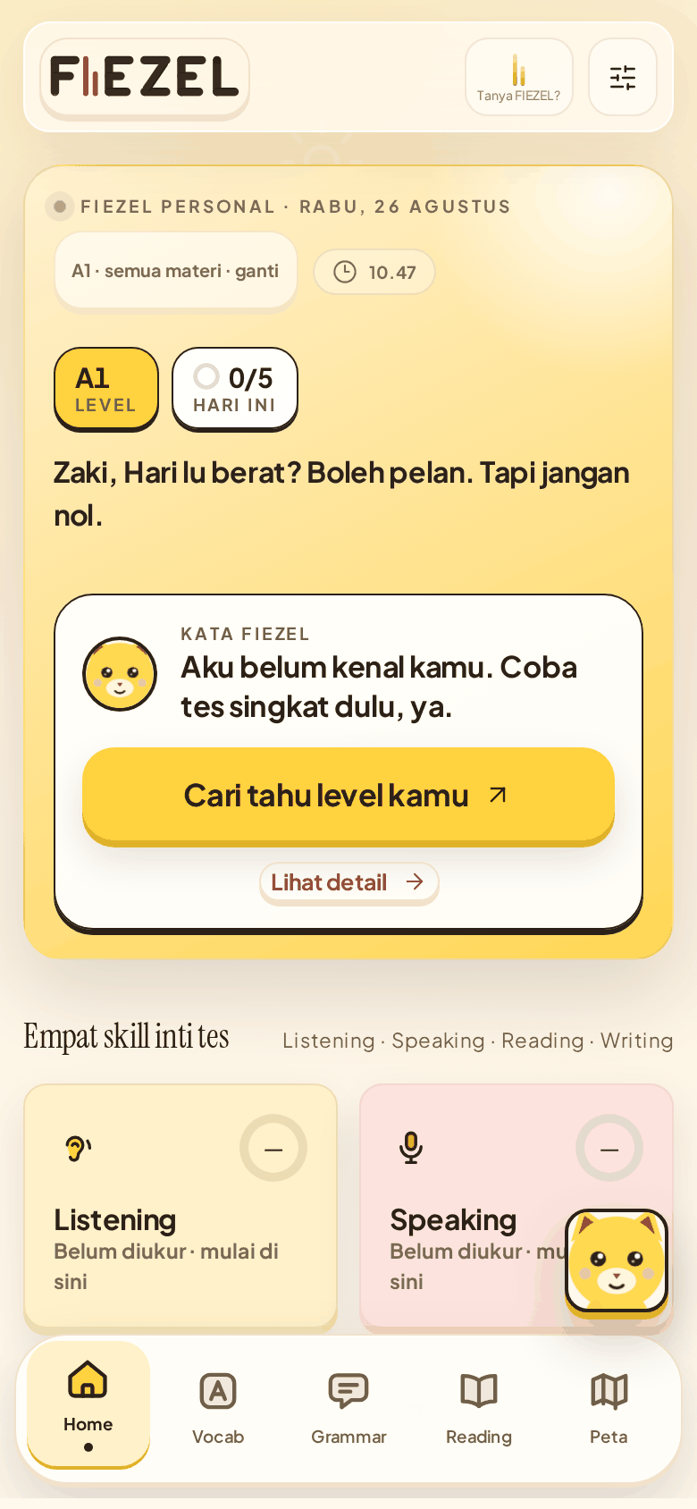 Tampilan beranda FIEZEL di ponsel setelah aplikasi dibuka